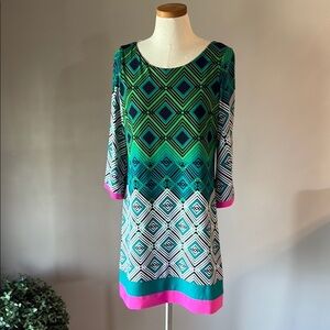 Eliza J geometric color block stretch shift dress 3/4 sleeve relaxed fit zip 10